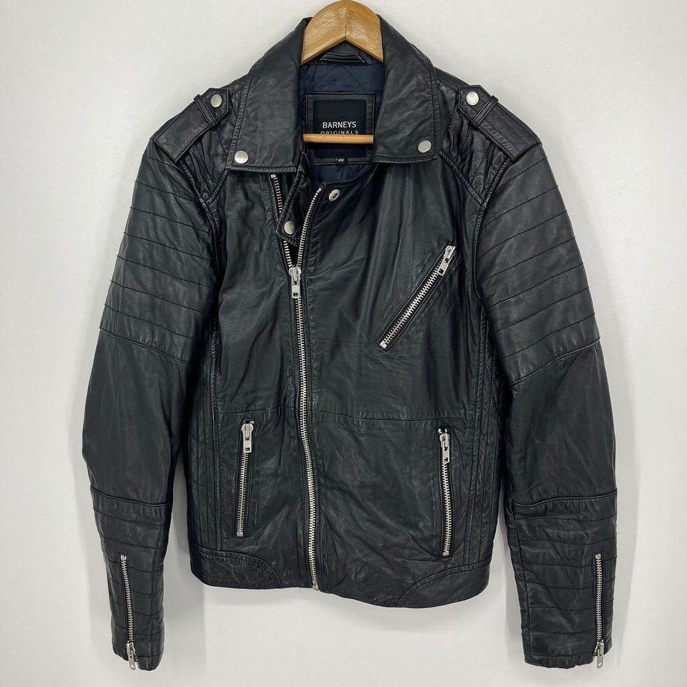 Barneys Originals Mens Black Real Sheep Leather Biker Moto Jacket XS